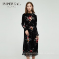 High end velvet printed floral long sleeve evening dress